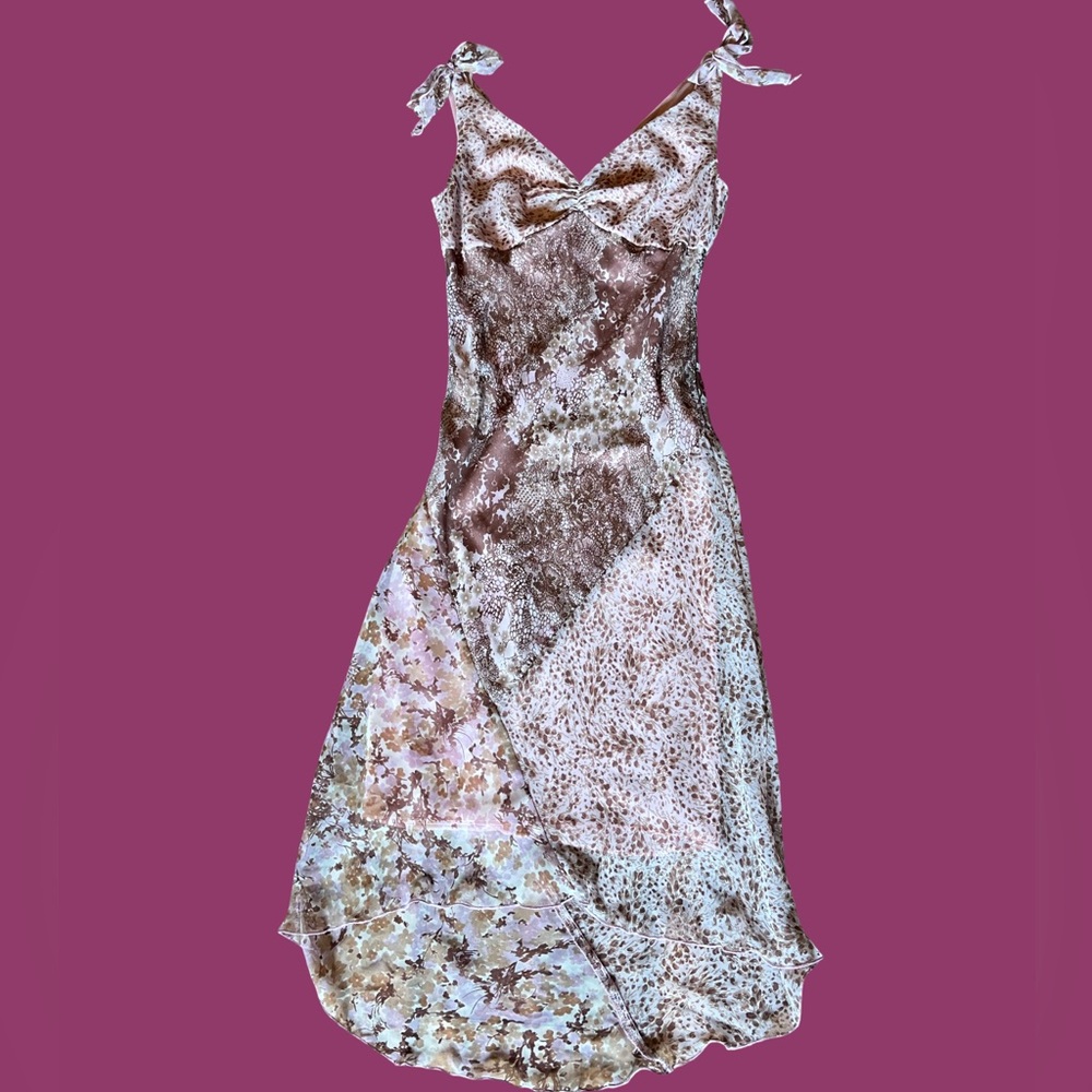 B moss sheer overlay Y2K midi dress pink/brown floral flowy fairycore